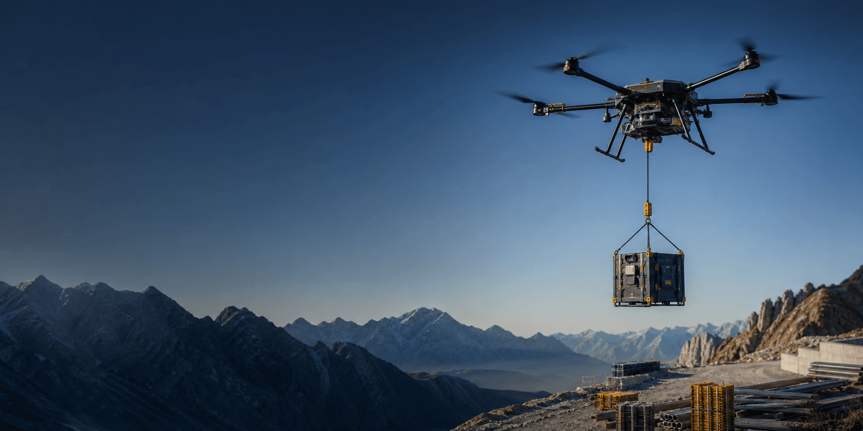 Endüstriyel sahada yük taşıma drone vinç görseli